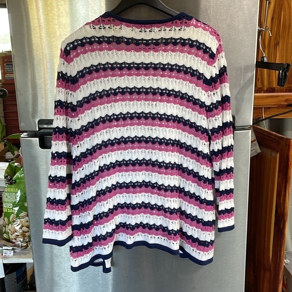 Alfred Dunner Crochet Striped raspberry blue & white open Cardigan Long Sleeve M - Picture 6 of 14